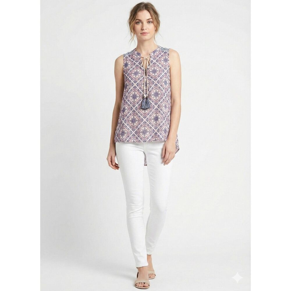 Rewind Pink Boho Geometric Tassel Tank Top XS Festival Hippie Coastal Fluid